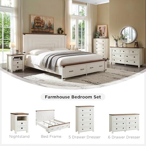 54" Wide Farmhouse 6-Drawer Dresser for Bedroom, Antique White | Rustic, Wood Storage Cabinet, Metal Handle, Unique Corner Accent, Bedroom, Living Room, Hallway
