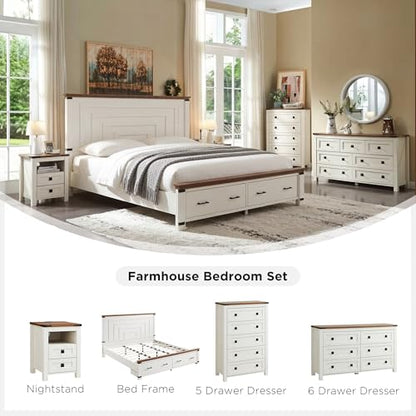 54" Wide Farmhouse 6-Drawer Dresser for Bedroom, Antique White | Rustic, Wood Storage Cabinet, Metal Handle, Unique Corner Accent, Bedroom, Living Room, Hallway