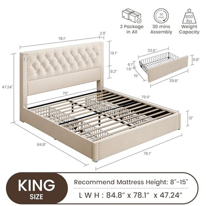 King Size Bed Frame with 4 Storage Drawers and Tufted Headboard Linen, view 4