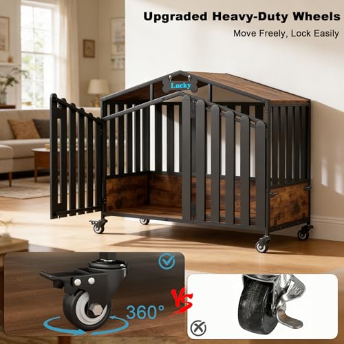 48" Dog Crate on Lockable Wheels, Large Dogs Cage with Name Tag, view 6