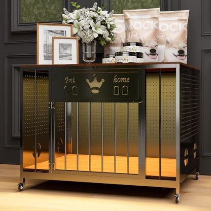 31.5" Iron Pegboard Dog Crate Furniture with Wooden Top &Remote RGB Light, view 2