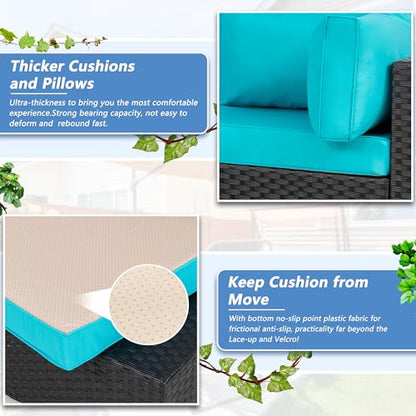 5 Pieces Outdoor Patio Sectional Sofa Couch, Black PE Wicker Furniture Sets, Patio Conversation Sets with Washable Cushions Glass Coffee Table for Garden, Poolside, Backyard,Blue