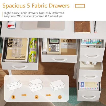 33" Small Computer Desk with 5 Fabric Drawers, White, 14.2" D, view 5