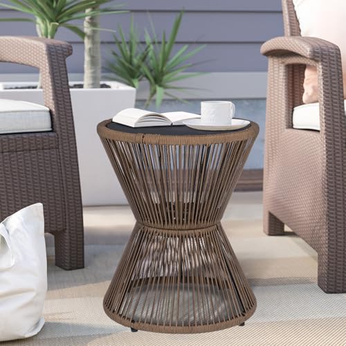 LEWIS&WAYNE Small Outdoor Side Table Patio 20’’ H Woven Rope Hourglass End Table with Glass Top Round Coffee Table for Living Room Outdoor Patio Backyard Poolside (Brown)