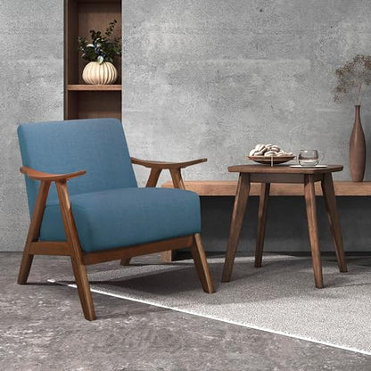 Mid Century Modern Accent Chair with Solid Wood Frame in Walnut Finish, Upholstered Living Room Lounge Arm Chair, Thick and Comfy Innerspring Seat Cushion, Linen-Look Fabric, Blue