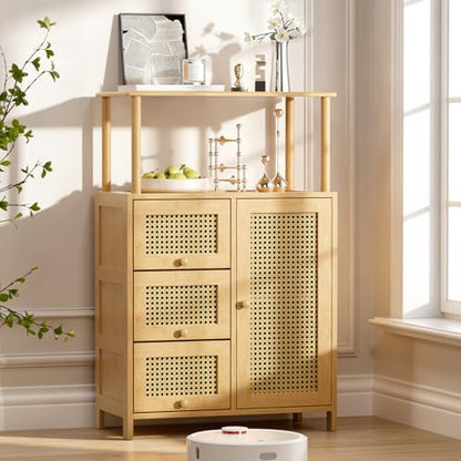 Sideboard Buffet Cabinet with Storage, Bamboo Storage Cabinets, Rattan Sideboard with Adjustable Shelf, Pantry Cupboard for Kitchen Living Room Entry Coffee Bar, Natural Color