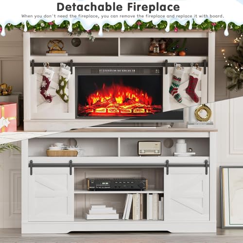 Farmhouse Fireplace TV Stand for TVs up to 65+ Inch, Rustic White, view 6