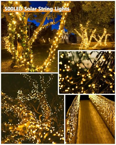 Upgrade 2Pack 500LED Solar String Lights Outdoor Waterproof, 180FT Solar Lights Outdoor String with 8 Modes, IP65 Waterproof Twinkle Christmas Light for Outside, Garden Tree Decoration, Warm White