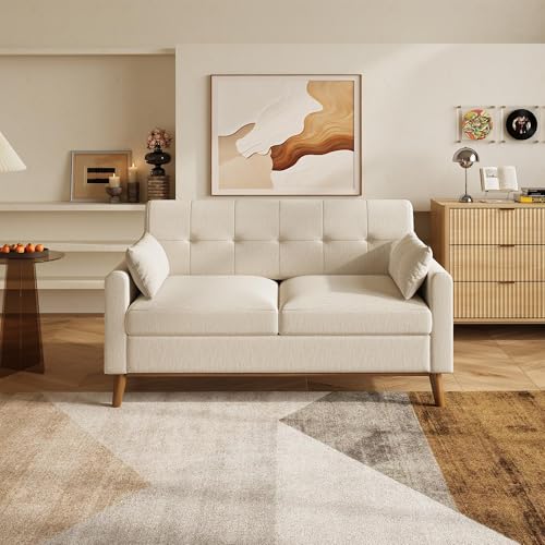 62" Loveseat Sofa, Mid Century Modern Small Couches for Living Room, Button Tufted Upholstered Couch for Bedroom, Solid Wood Frame, Easy to Install Furniture, Beige