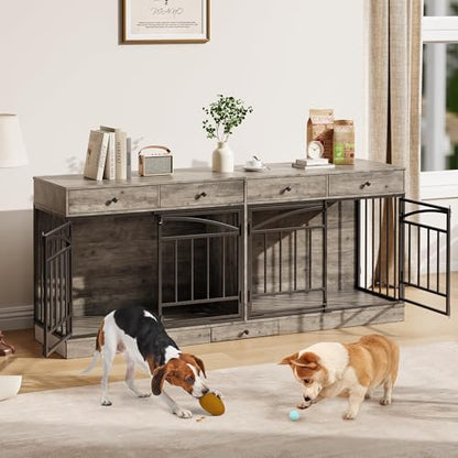 78.7" Dog Crate Furniture for 2 Dogs with 4 Drawers, Grey, view 4
