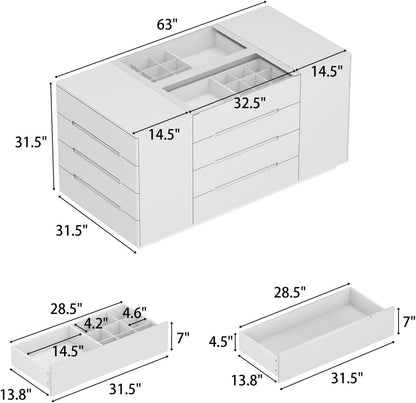Armoire Bedroom Island Wardrobe Closet Island with 16 Drawers & Glass Tabletop, Island Dresser with Jewelry Organizer, Closet Island for Cloakroom White (63”W X 31.5”D X 31.5”H)
