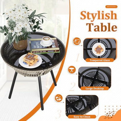 Patio Furniture Set 3 Pieces Rope Woven Bistro Set Outdoor Conversation Set with 2 Wide Chairs,Cushions and Tempered Glass Table for Balcony Porch Backyard Garden Poolside