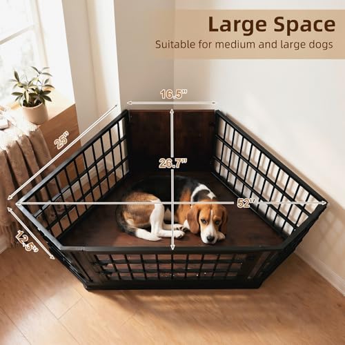 52 Inch Dog Crate Furniture Corner for Large Dogs, Brown, view 4