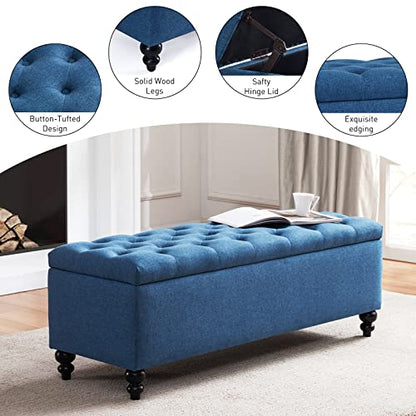 Button-Tufted Ottoman with Storage in Upholstered Fabrics, Large Storage Bench for Bedroom, Living Room, Entryway, Bench with Safety Hinge Hold Up to 300lbs (Blue)