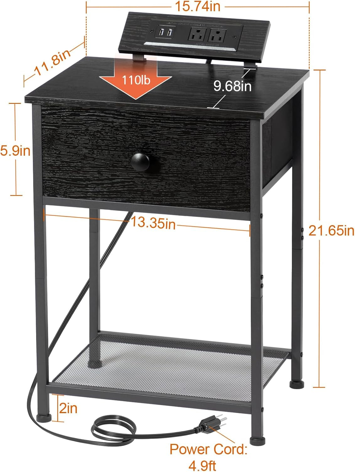 Night Stand, Black Nightstand Set of 2, Small End Tables Living Room with Charging Station, Slim Bed Side Table with Fabric Storage Drawer for Bedroom, Small Space, HET03SDPBK