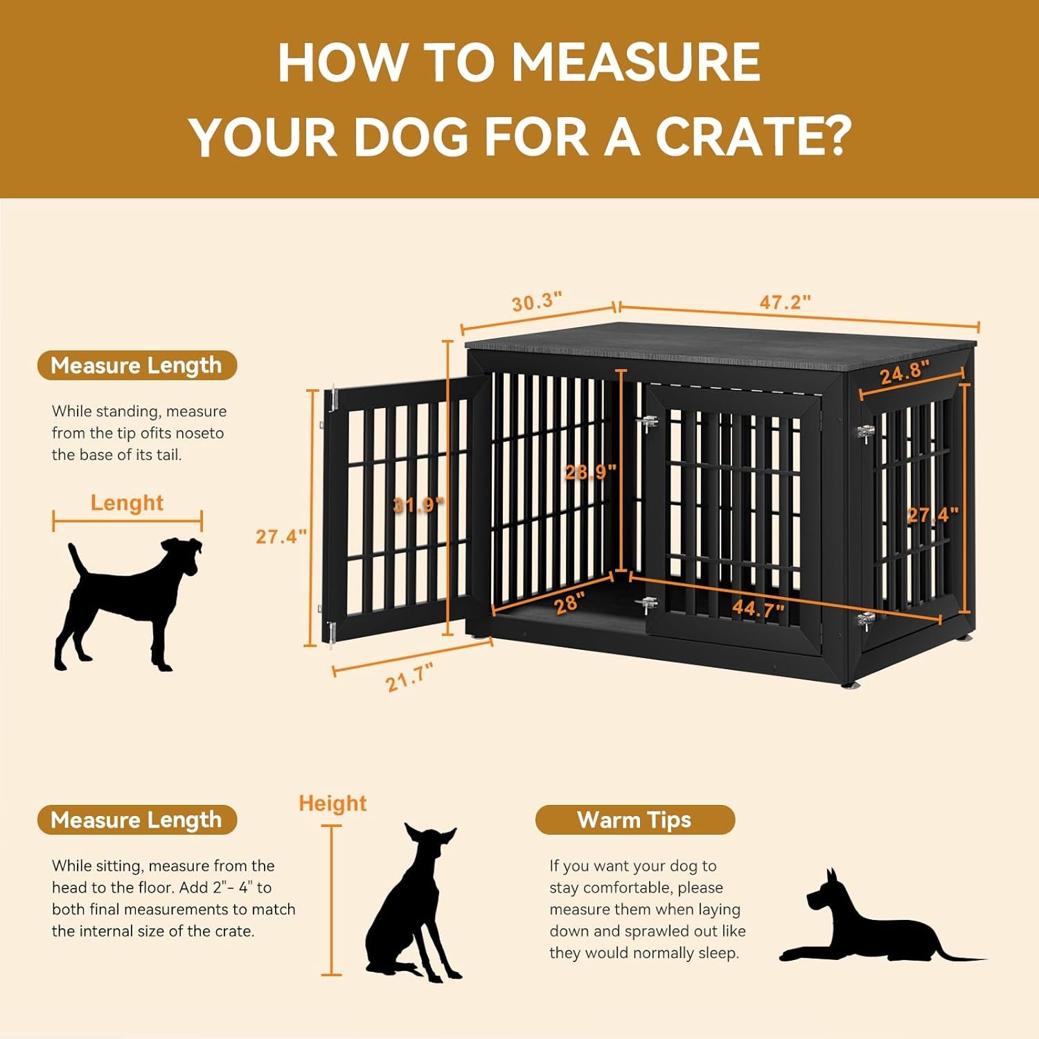 48 Inch Heavy-Duty Dog Crate Furniture, Decorative Wooden End Table Kennel with Waterproof Top & Wide Metal Tubes, for Large & Extra Large Dogs, Black