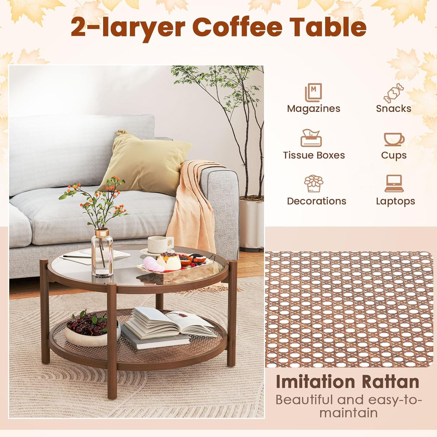 Rattan Coffee Table, Boho round Glass Tea Table with PE Rattan Storage Shelf & Wood Frame, 2 Tier Accent Center Table for Living Room, Apartment, Small Space