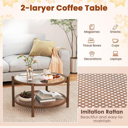 Rattan Coffee Table, Boho round Glass Tea Table with PE Rattan Storage Shelf & Wood Frame, 2 Tier Accent Center Table for Living Room, Apartment, Small Space