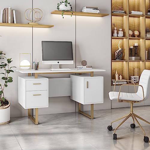Storage Drawers and Cabinet 51.25” W-Modern Office Large Floating Desktop Surface Desk, 23.6" D x 51.2" W x 29.8" H, White/Gold