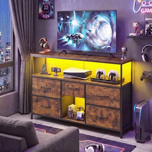 TV Stand for 45/50" TVs, 5 Drawers & LED Lights & Power Outlets | Strong Metal Frame for Stability, Spacious Shelves Display Collections & Keep Organized, Dresser for Bedroom & Studio, Brown