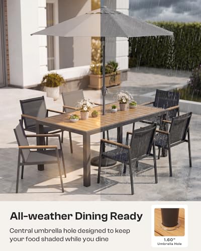 Outdoor Dining Set, 7 Piece Aluminum Patio Table and Chairs Set, All Weather Patio Dining Furniture Set with Umbrella Hole for Backyard, Deck, Poolside (Gray-Teak)