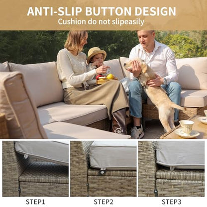 5 Piece Wicker Patio Furniture Set,Outdoor Conversation Sectional Sofa w/Coffee Table,All-Weather Outdoor Sofa with Thick and Anti-Slip Cushions for Deck,Poolside,Garden,Beige