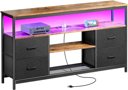 TV Stand Dresser with Power Outlets and LED Lights, 4 Drawers Entertainment Center with Shelves, 54 Inch Media Console for 55 60 Inch TV, PU Finish, Rustic Brown and Black