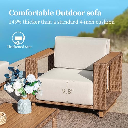 L Shaped Patio Furniture, Outdoor Sectional Sofa with 10''Ultra-Thick Cushions, Yellow Rattan Wicker Patio Conversation Set, Low Profile Lawn Garden Backyard Furniture
