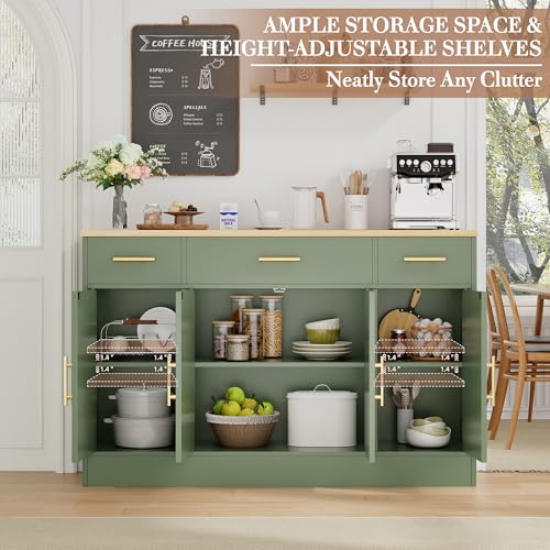 Buffet Cabinet with Storage,53.4" Large Kitchen Storage Cabinet with 3 Drawers and 4 Doors,Wood Farmhouse Buffet Sideboard with Adjustable Shelf for Kitchen Living Room, Green