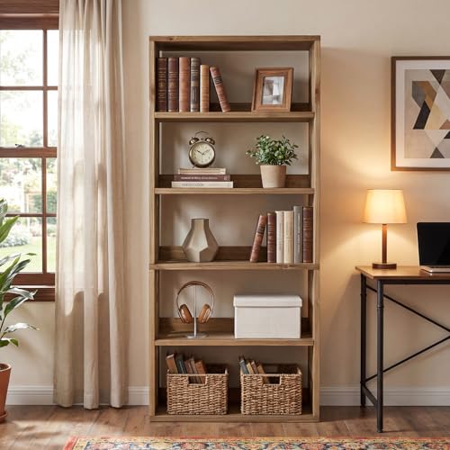 Solid Wood Bookshelf, 5-Tier Farmhouse Bookcase with Storage, view 4