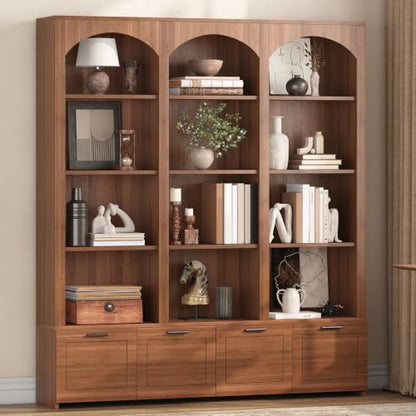 Walnut 4-tier bookshelf with drop-down cabinet, view 2