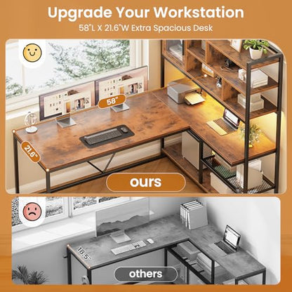 L Shaped Computer Desk with Storage Shelves, Bookshelf, Rustic Brown, view 7