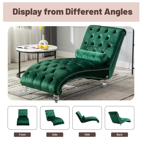 Chaise Lounge Chair Indoor Emerald Velvet Upholstered Button Tufted Chaise, view 7