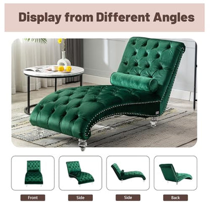 Chaise Lounge Chair Indoor Emerald Velvet Upholstered Button Tufted Chaise, view 7