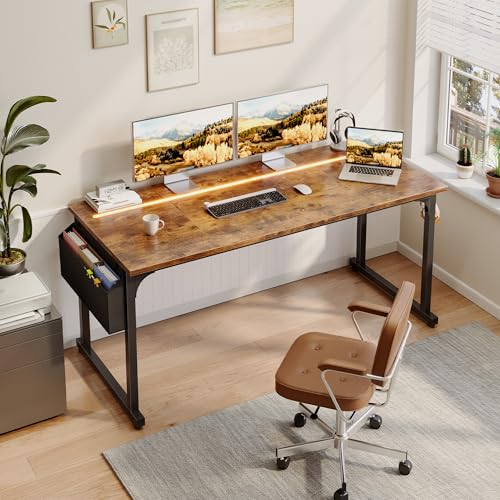 55" Office Desks with LED Lights,Gaming Writing Work from Home Study Desk with Storage Bag,Home Office Desk with Headphone Hook Sturdy Metal Frame, Rustic Brown