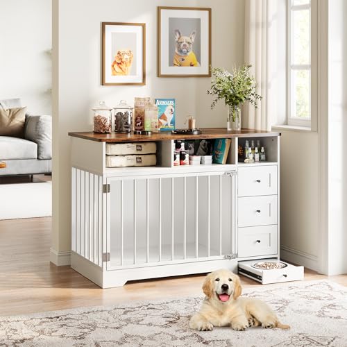 48'' Dog Crate Furniture, Dog Cage with Bowl and Storage, White, view 7