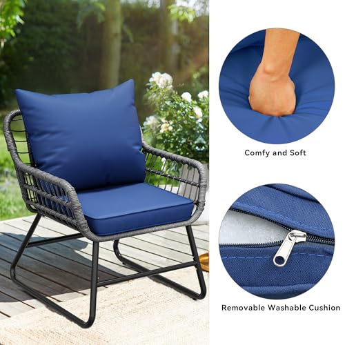 4 Piece Patio Furniture Set, Wicker Outdoor Bistro Set, All Weather Rattan Patio Conversation Set with Soft Cushions and Glass Side Table for Backyard, Balcony, Deck - Navy Blue