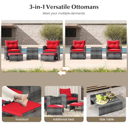 5 Pieces Patio Furniture Set with Ottomans, Wicker Patio Conversation Set with Coffee Table & Cushions, PE Rattan Outdoor Lounge Chairs for Backyard, Porch, Poolside (Mix Grey- Red)