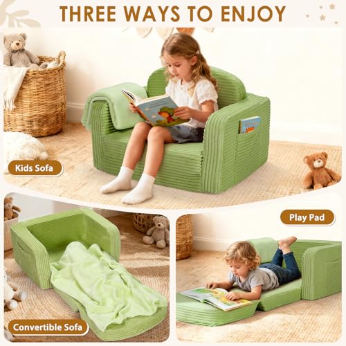 2 in 1 Convertible Kids Couch - Corduroy Fold Out Kids Sofa Chair with Blanket, Comfy Comfortable Toddler Chair, Machine-Washable Cover, for Boys Girls, Medium Green