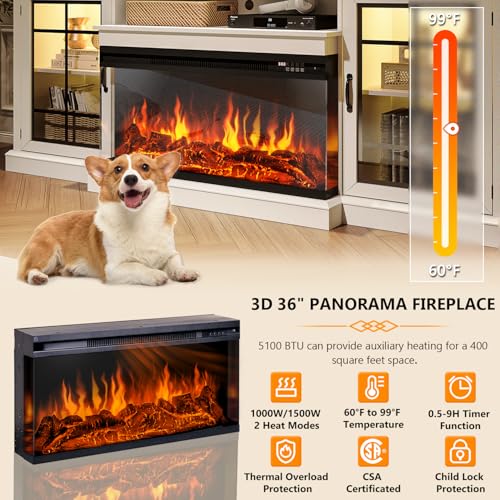 80" Fireplace TV Stand with 3-Sided Glass, TV Cabinet for TVs up to 90", view 5