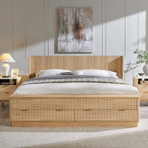 Fluted King Size Bed Frame with Wingback Headboard, Footboard Storage Bench with Built-in Drawers & Lift-Up Compartments, Wood & Steel Platform Bed, No Box Spring Needed, Natural Oak