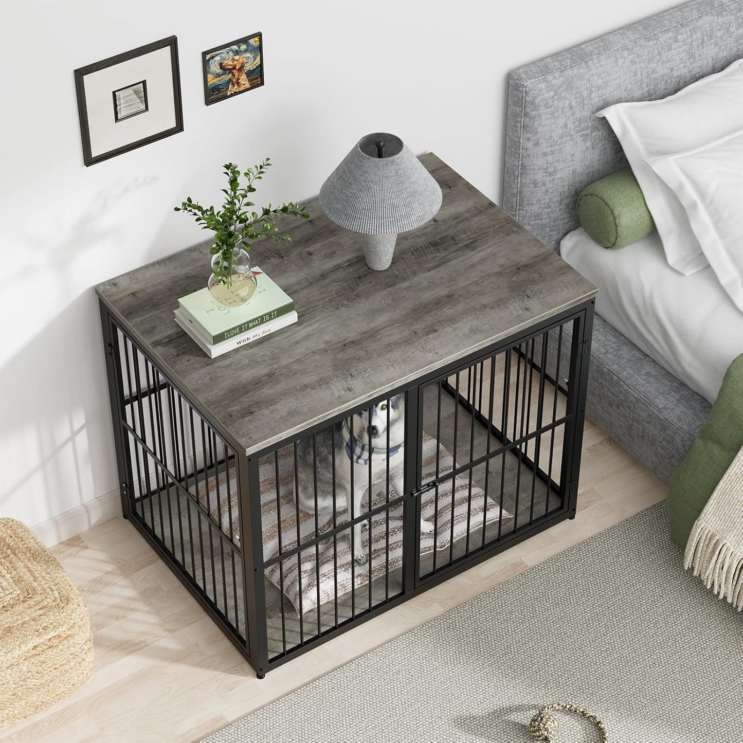 43'' XL Dog Crate Furniture with 3 Doors, Wooden Crate Combination Pet Cage, Heavy Duty Indoor Kennel for Medium to Large Dogs, Grey