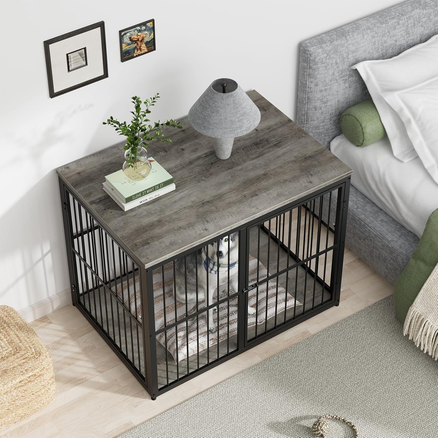 43'' XL Dog Crate Furniture with 3 Doors, Wooden Crate Combination Pet Cage, Heavy Duty Indoor Kennel for Medium to Large Dogs, Grey