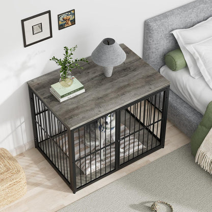 43'' XL Dog Crate Furniture with 3 Doors, Wooden Crate Combination Pet Cage, Heavy Duty Indoor Kennel for Medium to Large Dogs, Grey