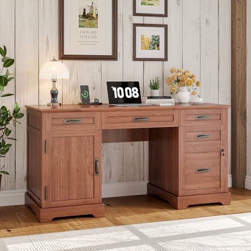 55'' Farmhouse Desk Home Office with Drawers, Brown, view 4