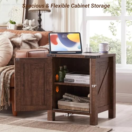 18" Farmhouse End Table Set of 2, Reclaimed Barnwood | Rustic Nightstand, Charging Station, Barn Door, Adjustable Storage Shelf, Wood Sofa Side Table, Living Room, Bedroom