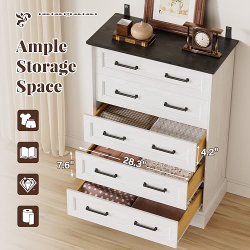 Farmhouse Dresser for Bedroom, 5 Drawers Dresser, White & Black, view 6