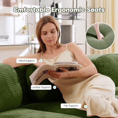 Modular Sectional Sofa Boneless Couch, Cloud Sectional Couches for Living Room, Oversized L Shaped Couch with Deep Seat and Ottoman, Comfy Corduroy Upholstery Green Couches, No Assembly(3S+1O)