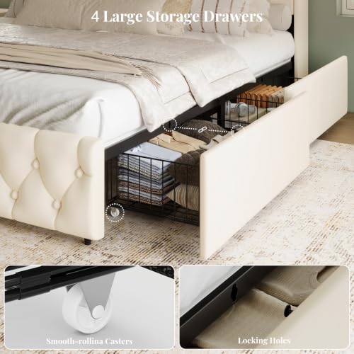 King Size Bed Frame with 4 Storage Drawers, Beige, view 7