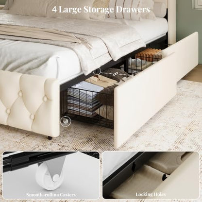 King Size Bed Frame with 4 Storage Drawers, Beige, view 7